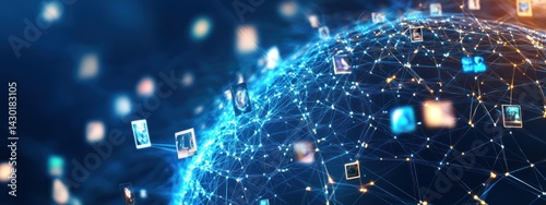 A digital representation of a global network with interconnected data points and images.