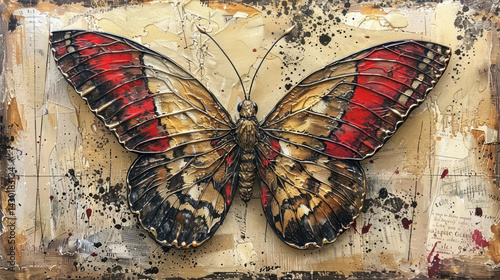 Beautiful spring burgundy gold butterfly on golden decorative background as wallpaper illustration, Elegant Burgundy Gold Butterfly, butterfly on old wall