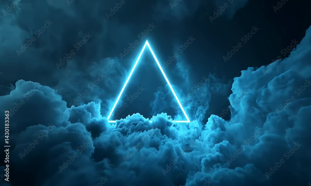  A blue neon triangle floating in the center of the frame, surrounded by dark smoke and fog, on water with white clouds. High contrast, high saturation, symmetrical composition