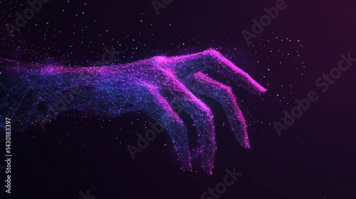 A digital representation of a hand composed of glowing particles in a cosmic style.
