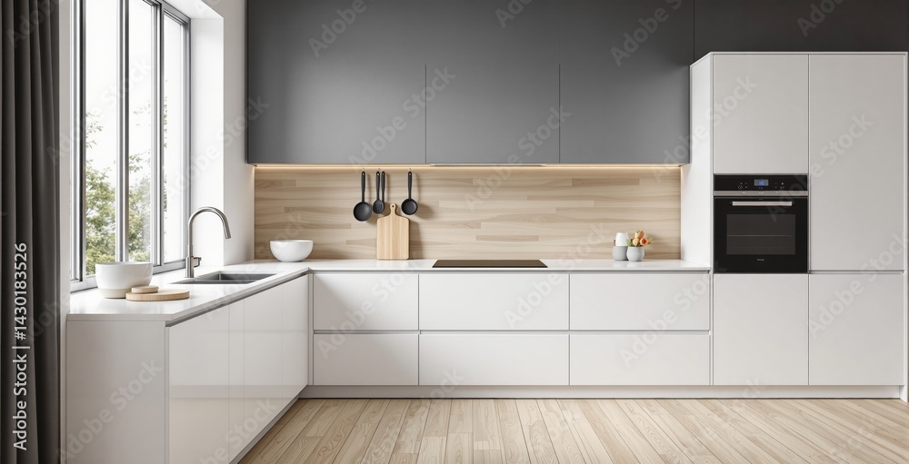 Fototapeta premium Sleek white kitchen cabinets with built-in oven, wood backsplash, utensils, and bowls in a modern style on light wood floor, daylight scene. Ai generative