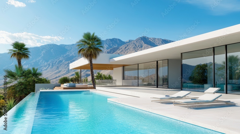 Fototapeta premium Modern luxury villa with infinity pool overlooking mountains.