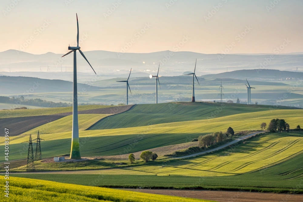 view of wind farm with tall wind turbines to generate electricity. Green energy concept.