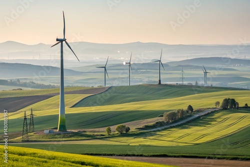 Obraz na płótnie view of wind farm with tall wind turbines to generate electricity. Green energy concept. w salonie
