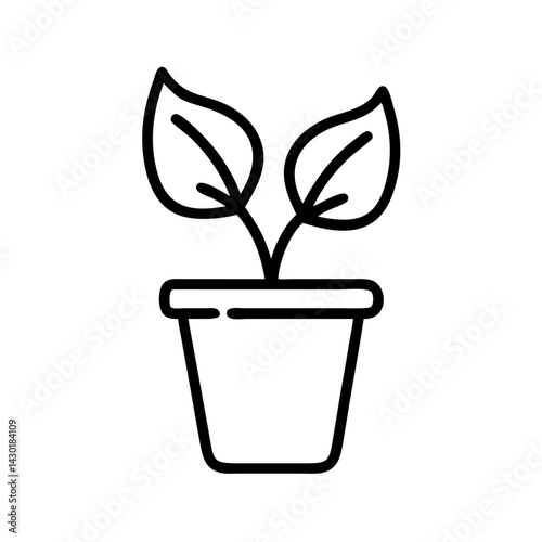 *Plant pot linear icon in green and white, minimalist gardening symbol on white background with copy space*  