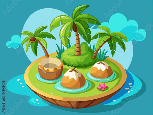 A playful vector of a cartoon island with coconuts and clear water, placed on a solid light teal background