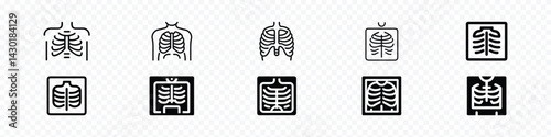 X-Ray Icon Set – Chest Scan Showing Rib Cage in Outline and Filled Style for Medical Use, x ray icon, Chest x-ray showing rib cage, X ray line icon