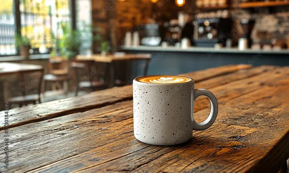 A cozy coffee shop scene featuring a latte in a speckled mug on a rustic wooden table