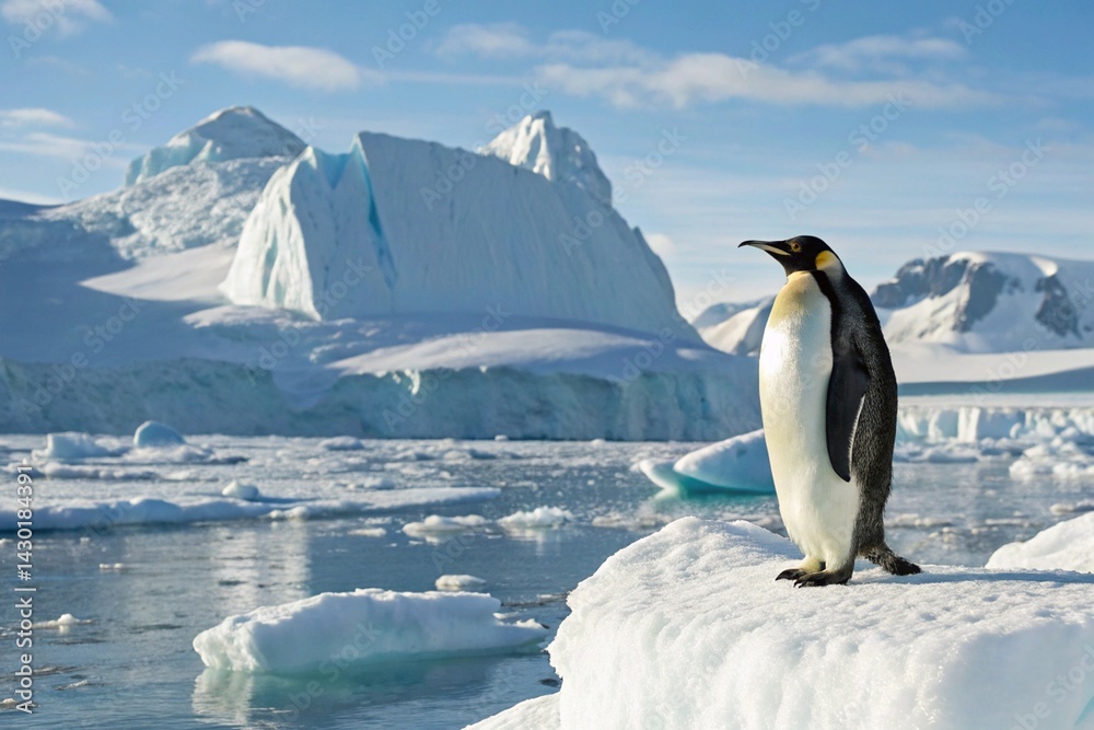 Fototapeta premium A majestic emperor penguin stands gracefully on an ice floe in Antarctica