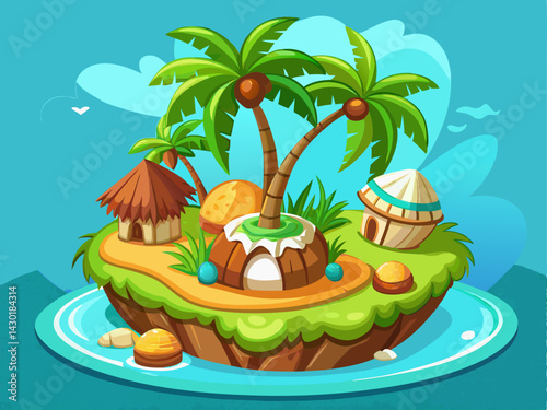 A playful vector of a cartoon island with coconuts and clear water, placed on a solid light teal background