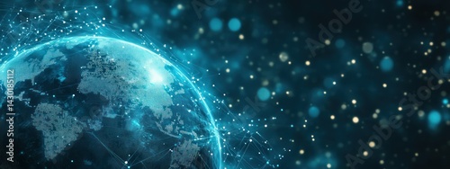 A digital representation of Earth with a network of connections and glowing particles.