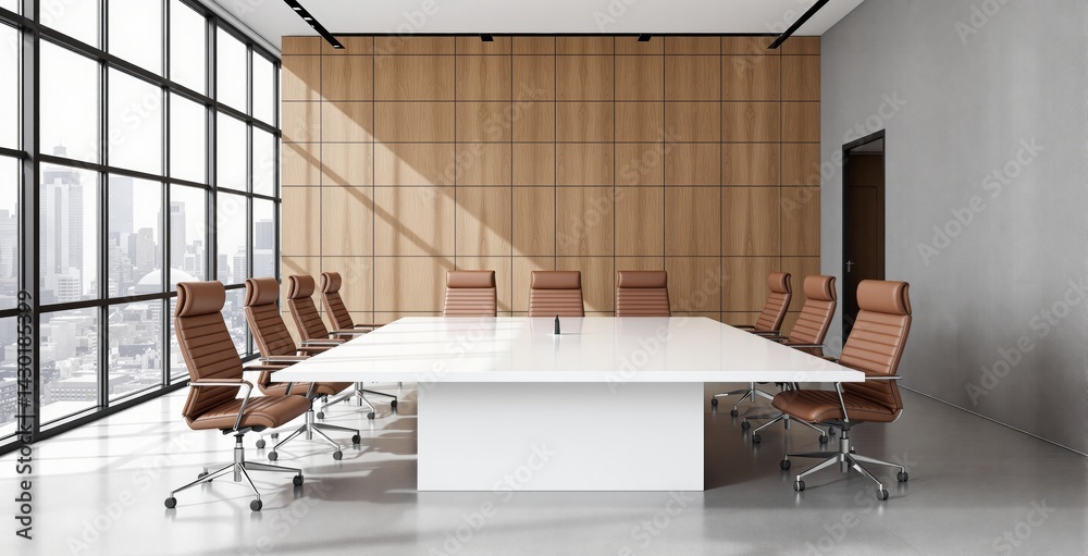 Empty modern boardroom interior with brown leather chairs around a white table, bright daylight cityscape background, wood panel wall, business concept, Ai generative