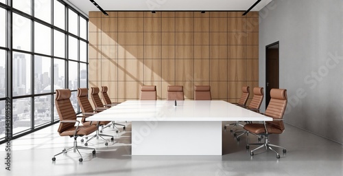 Obraz na płótnie Empty modern boardroom interior with brown leather chairs around a white table, bright daylight cityscape background, wood panel wall, business concept, Ai generative w salonie