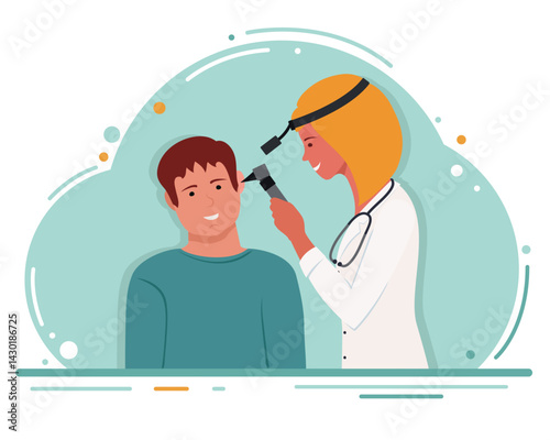 The ENT doctor examines the patient's ear. Medicine. Flat style.