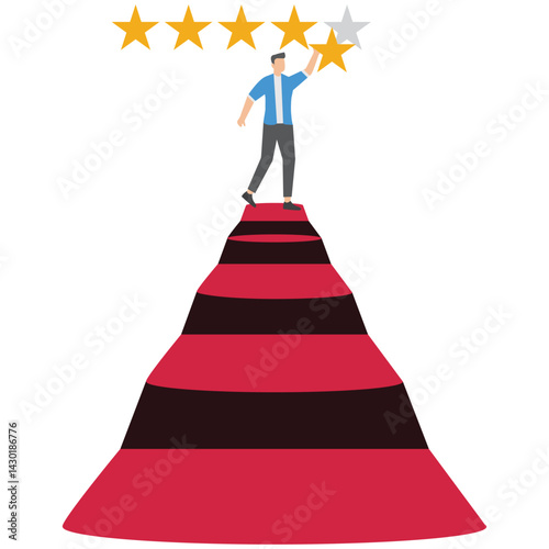 Businessman climb up ladder to place fifth star representing 5 star rating for high quality service