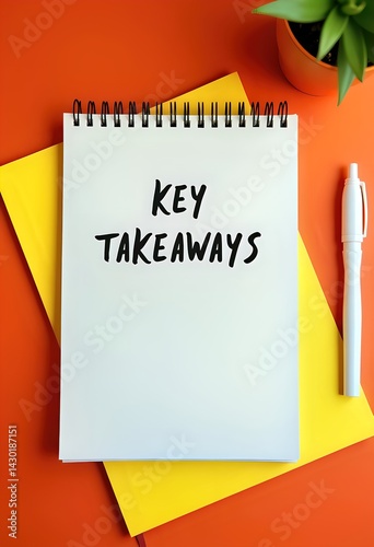 Notepad with takeaways, pen, and plant on table