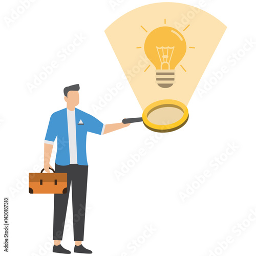 Businessman analyze glowing lightbulb idea with magnifier checking and validate business viability