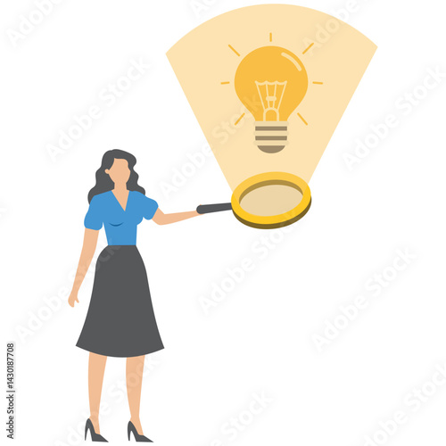 Businesswoman analyze glowing lightbulb idea with magnifier checking and validate business viability