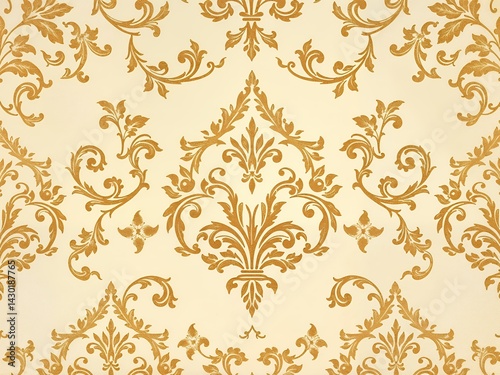 Intricate golden damask pattern on a pale cream background creates a visually rich and elegant