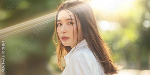 白いシャツの女性が逆光の中で見つめる美しい姿