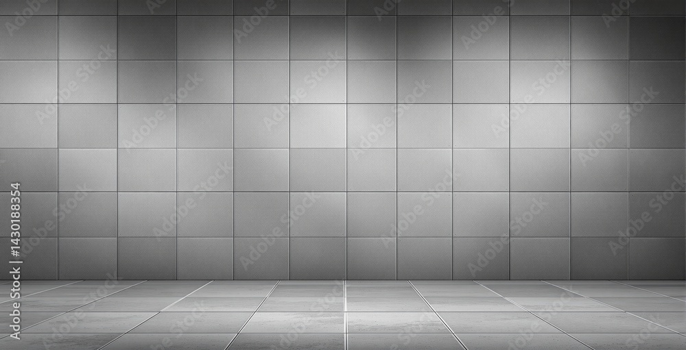 Metallic tiled interior featuring seamless square tile wall and floor, minimalist geometric layout on a neutral background, concept of modern space. Ai generative Metallic tiled interior featuring seamless square tile wall and floor, minimalist geometric layout on a neutral background, concept of modern space. Ai generative