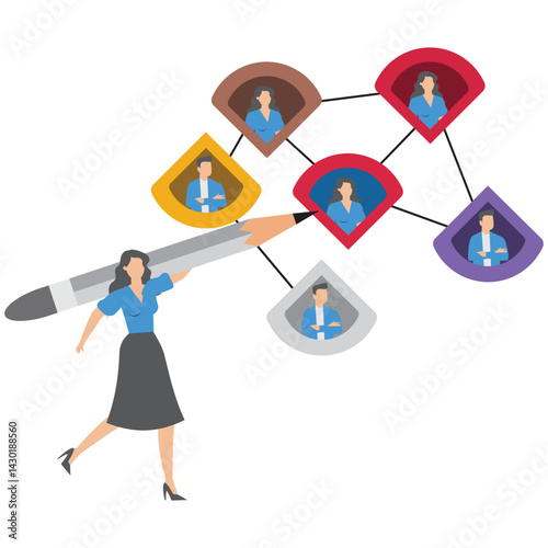 Businesswoman connect networking chart with pencil symbolizing social connection for business opportunity