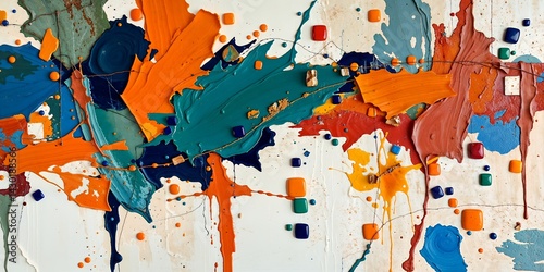 A vibrant, dynamic abstract art piece showcases layers of thick, textured paint in bold hues of