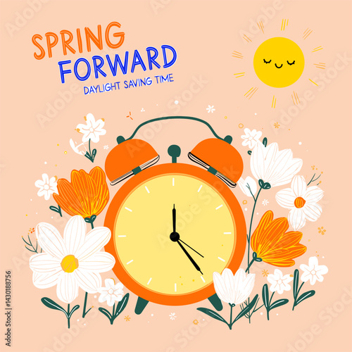 Spring Forward:  Floral Clock Daylight Saving Time Illustration