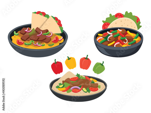 vector illustration of a mexican food Fajitas (Grilled Meat and Vegetables Served with Tortillas)
