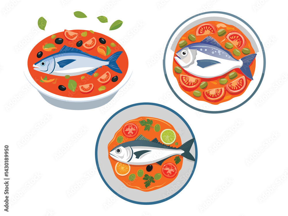 vector illustration of a mexican food Pescado a la Veracruzana (Fish with Tomato, Olive, and Capers Sauce)