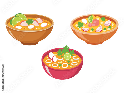 vector illustration of a mexican food Pozole (Hominy Stew with Pork or Chicken)