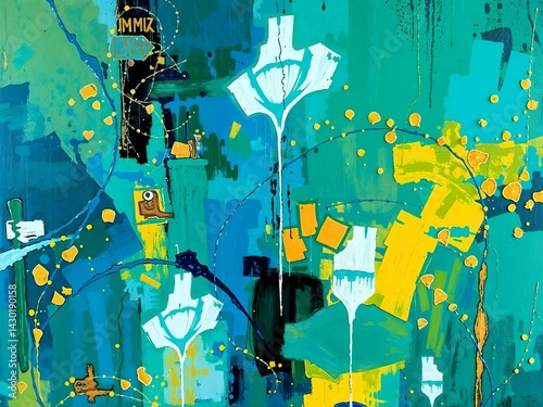 Vibrant abstract painting with whimsical figures, playful shapes, and a dynamic composition in