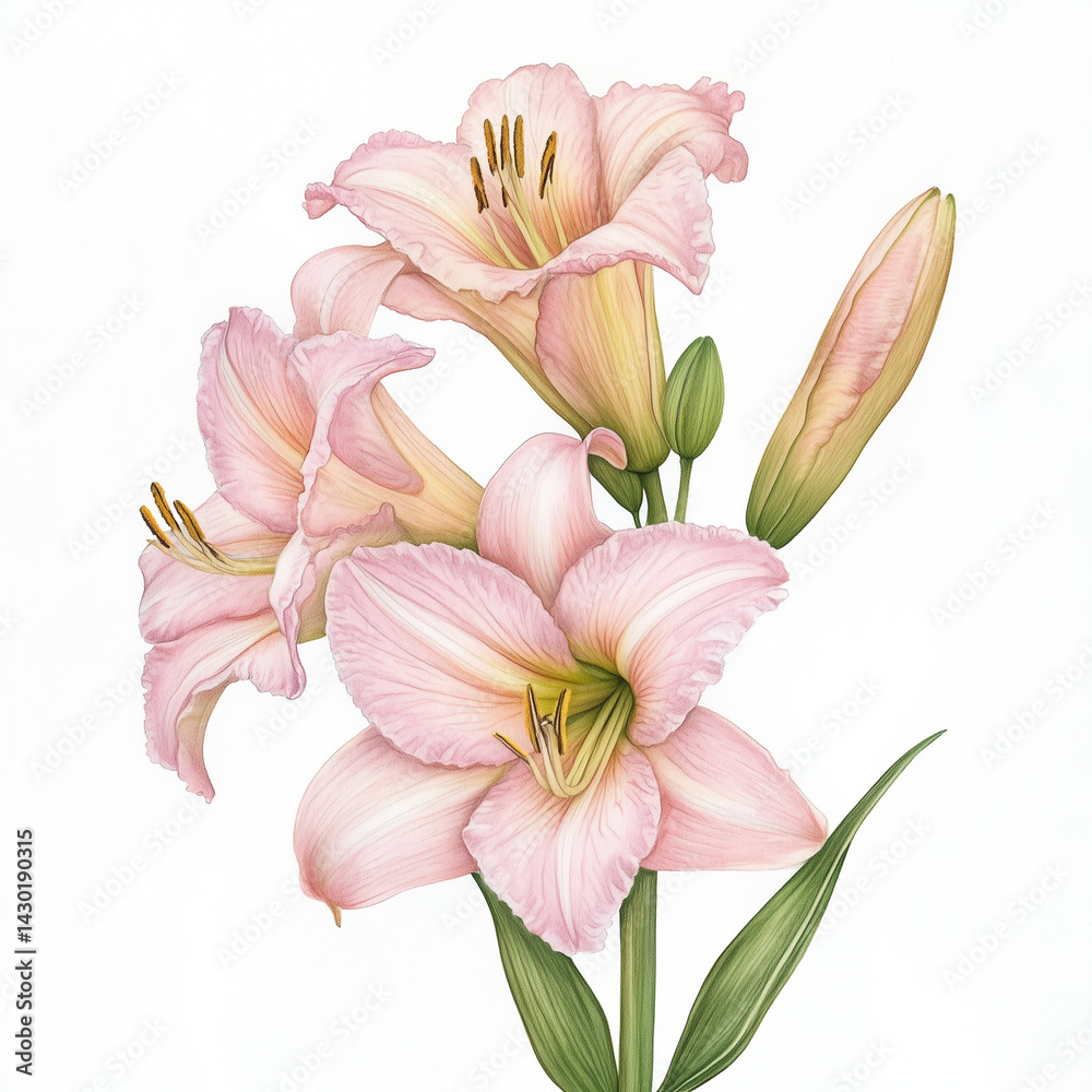 Fototapeta premium illustration of Daylily flowers, summer flowers, soft watercolor tones, white background, detailed illustration, cartoonish.