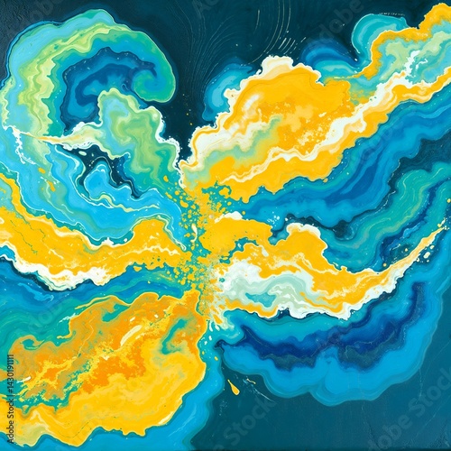 An abstract painting features swirling patterns in shades of blue, green, yellow, and white,