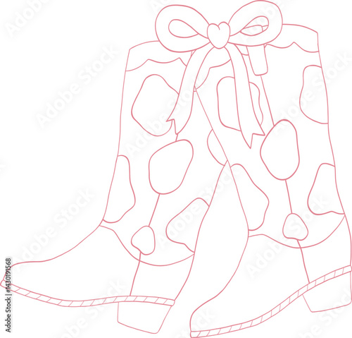 Girly Cowgirl Coquette Boots Bow Valentine Outline Illustration