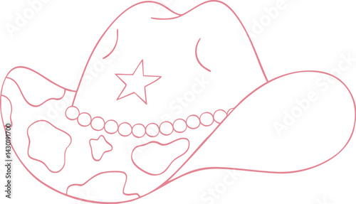 Girly Cowgirl Hat Coquette Bow Valentine Outline Illustration