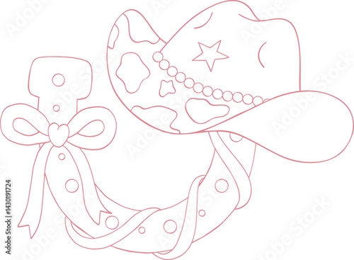 Horseshoe Girly Cowgirl Hat Coquette Bow Valentine Outline Illustration