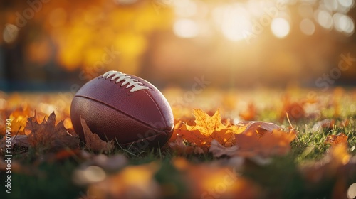 A football resting on colorful autumn leaves in a serene outdoor setting.
