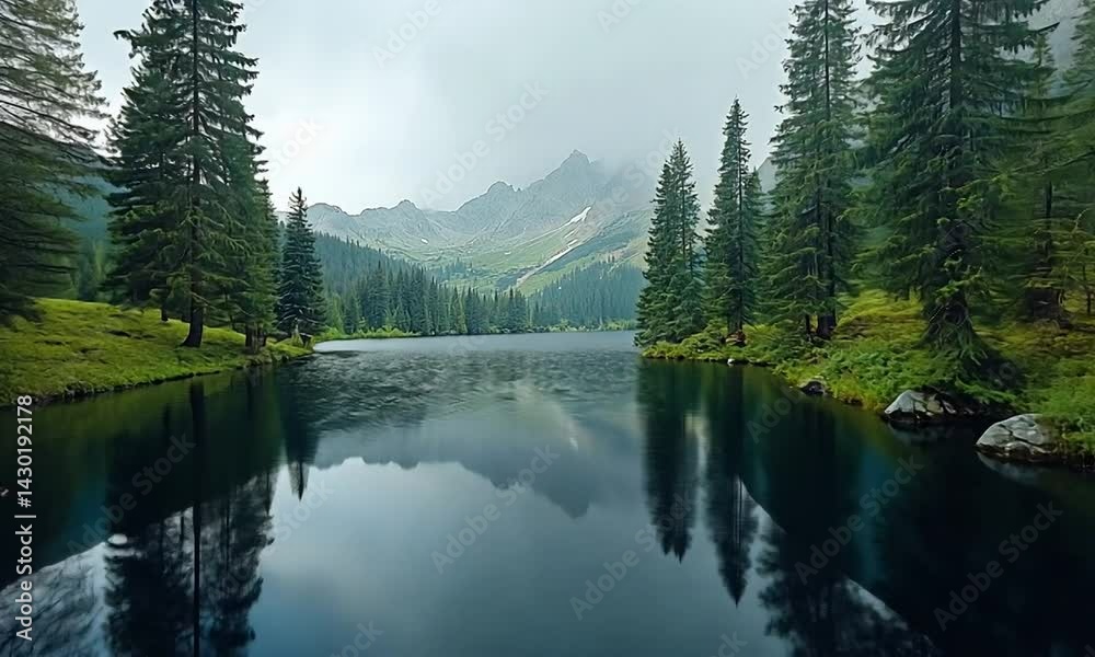 Serene Mountain Lake Surrounded by Lush Pine Forest Under a Cloudy Sky Serene Mountain Lake Surrounded by Lush Pine Forest Under a Cloudy Sky