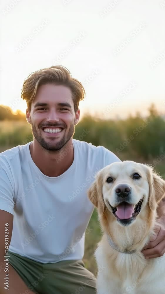 A man is sitting on the ground with a dog next to him. The man is smiling and the dog is wagging its tail. The scene is happy and relaxed A man is sitting on the ground with a dog next to him. The man is smiling and the dog is wagging its tail. The scene is happy and relaxed