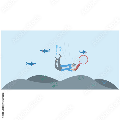 Businessman scuba diving in deep blue ocean with magnifying glass symbolizing deep dive analysis for market improvement