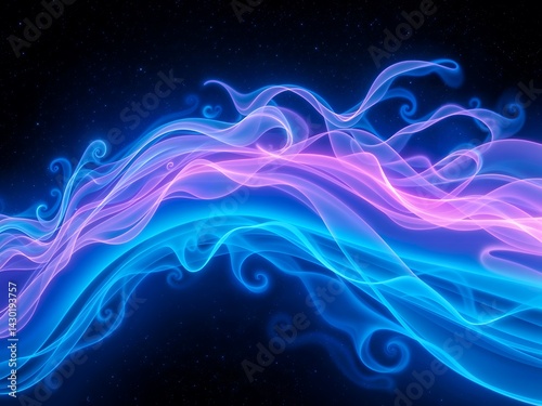 Ethereal waves of translucent blue and violet light gracefully cascade across a starry, dark