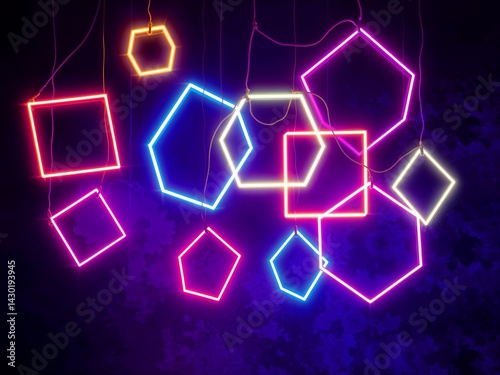 A cluster of colorful geometric neon shapes hang suspended against a textured dark blue and purple