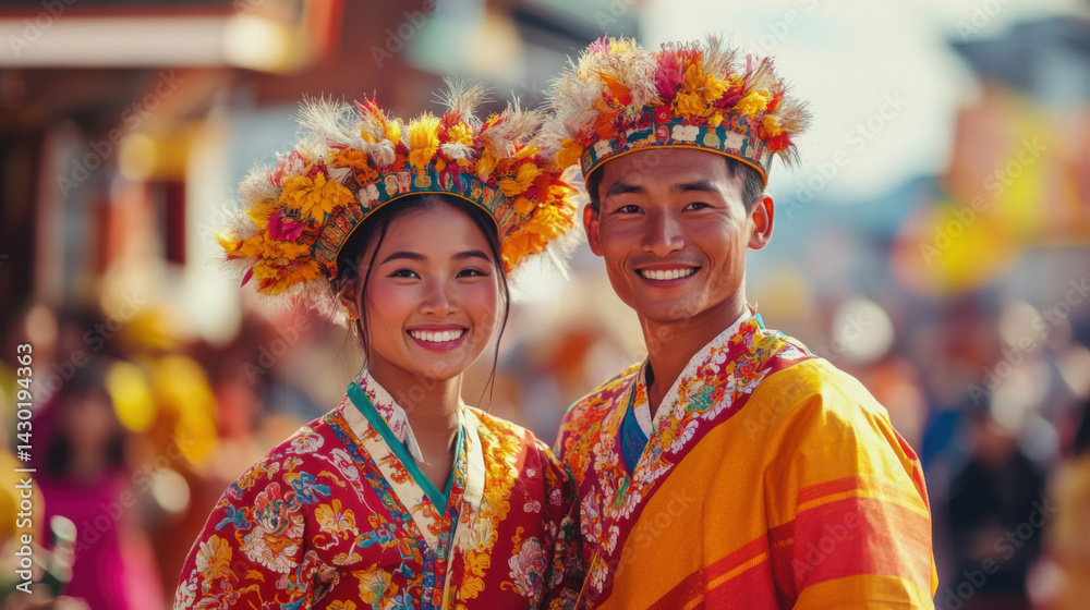 Fototapeta premium Traditional bhutanese festival celebrated by premmytdtd couple bhutan cultural event vibrant atmosphere intimate perspective on local traditions