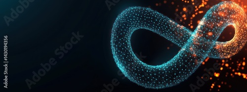 A glowing infinity symbol made of particles against a dark background, symbolizing endless possibilities.