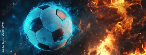 A glowing soccer ball surrounded by flames and energy effects, symbolizing dynamic sports action.