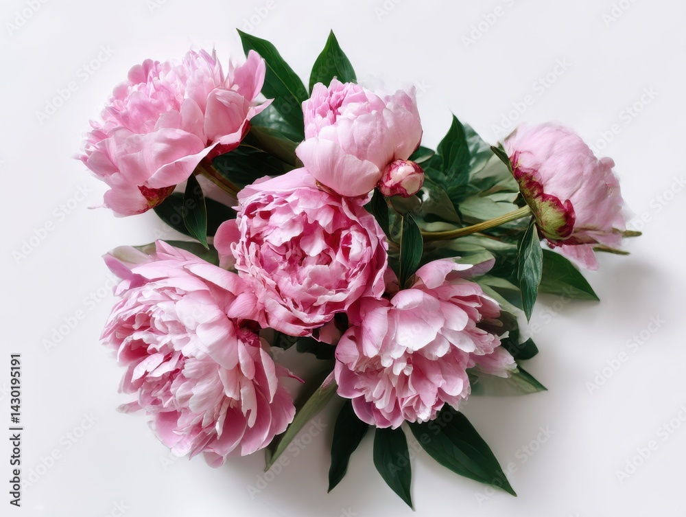 Cluster of pink peony flowers with lush green leaves isolated on white background Cluster of pink peony flowers with lush green leaves isolated on white background