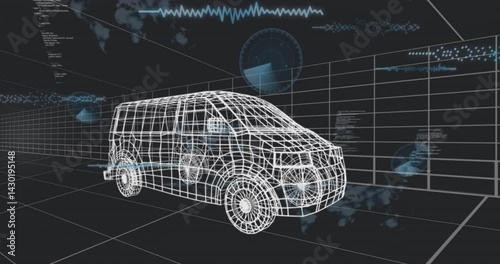 Wireframe van model floating in dark virtual grid, displaying waveform graphs, code snippets, radar
