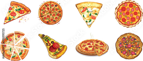 Delicious Pizza Illustrations: Slices, Toppings, and Whole Pies