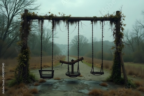 Overgrown swing set stands in a misty field, symbolizing forgotten childhood memories.
